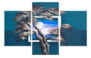 Modrý obraz stromu a východu slunce (90x60 cm)