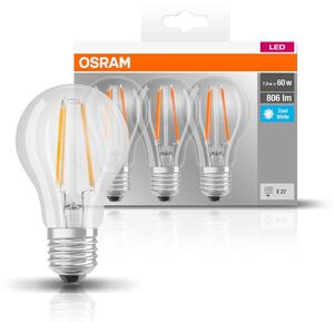 3 ks průhledná LED žárovka E27 6,5 W BASE studená bílá