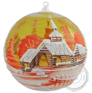 Skleněná baňka s malovanou vesničkou oranžová