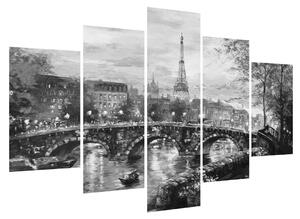 Obraz černobílé krajiny s Eiffelovou věží (150x105 cm)