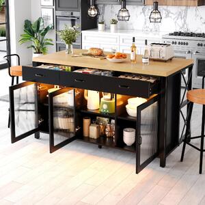 Kuchyňský ostrůvek se 3 zásuvkami a skleněnými dvířky, rozměry 150 x 80 x 90 cm, průmyslový styl s rámem ve tvaru "X", LED osvětlení, barva: černá a přírodní