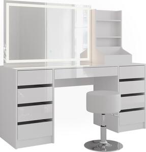 Toaletní stolek Vicco Sherry Bílá/Bílá vysoký lesk 158.2 cm se zrcadlem LED a stoličkou, Model 57663