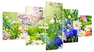 Obraz letních květů s motýlem (150x80 cm)