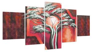 Orientální červený obraz stromu a slunce (150x80 cm)