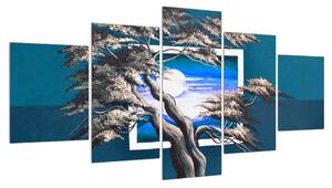 Modrý obraz stromu a východu slunce (150x80 cm)