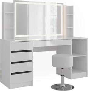 Toaletní stolek Vicco Sherry Bílá/Bílá vysoký lesk 158.2 cm se zrcadlem LED a stoličkou, Model 57655