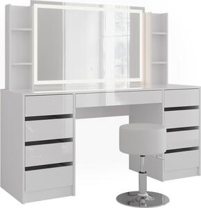 Toaletní stolek Vicco Sherry Bílá/Bílá vysoký lesk 158.2 cm se zrcadlem LED a stoličkou, Model 57661