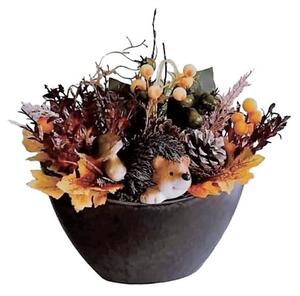 Květináč "loďka" - podzimní aranžmá z umělých rostlin a figurkou ježka,pr.27cm