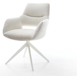 DELIFE Jídelní židle Yago-Flex s područkami bouclé krémová-bílá křížová podnož široká bílá 360° otočná houpací funkce taštičkové pružiny