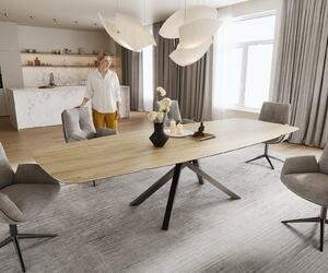 DELIFE Jídelní stůl Edge oválný tvar 200-300×120 cm keramika Laminam® Sabbia dubová barva křížová podnož nerezová ocel grafit rozkládací