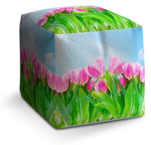 Sablio Taburet Cube Růžové tulipány - 40x40x40 cm