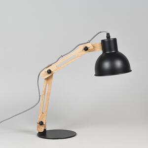Průmyslová stolní lampa černá se dřevem - Woodi