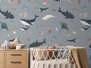Dětská tapeta moře a velryby - Splendid Sea Blue Materiál: Digitální eko vlies - klasická tapeta nesamolepicí