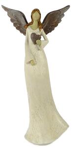 Soška anděla v krémových šatech se srdcem 25,5 cm – dekorace z polyresinu (Andělská figurka krémová se srdcem, 25,5 cm, polyresin)
