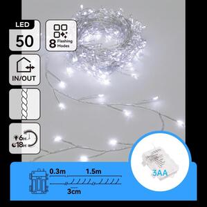 Aigostar-LED Venkovní vánoční řetěz 50xLED/8 funkcí 3xAA 1,8m IP44 studená bílá