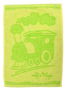 Dětský ručníček s motivem vláčku v pestré zelené barvě. Obrázek s obou stran