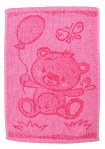 Dětský ručníček s motivem medvídka v růžové barvě. Obrázek z obou stran