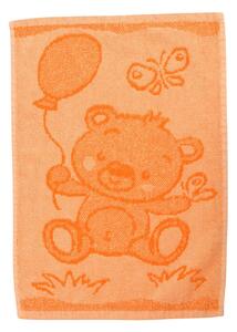 Dětský ručníček s motivem medvídka v oranžové barvě. Obrázek z obou stran