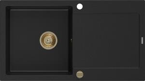 MEXEN/S - Leo granitový dřez 1-miska s odkapávačem 900 x 500 mm, černý, zlatý sifon 6501901010-77-G