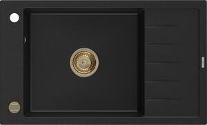 MEXEN/S - Elias granitový dřez 1-miska s odkapávačem 795 x 480 mm, černý, zlatý sifon 6511791005-77-G