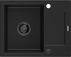 MEXEN/S - Enzo granitový dřez 1-miska s odkapávačem 576 x 465 mm, černý, černý sifon 6506571005-77-B