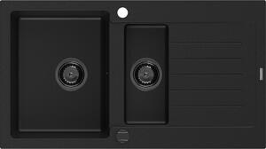 MEXEN/S - Matias granitový dřez 1.5 s odkapávačem 900 x 505 mm, černý, černý sifon 6502901505-77-B