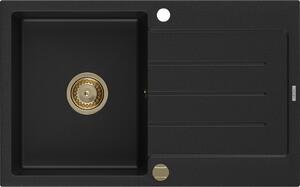 MEXEN/S - Bruno granitový dřez 1-miska s odkapávačem 795 x 495 mm, černý, zlatý sifon 6513791010-77-G