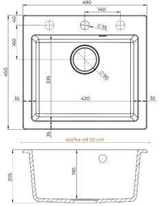 Sink Quality Ferrum 50, kuchyňský granitový dřez 490x450x195 mm + zlatý sifon, bílá, SKQ-FER.W.1K50.XG
