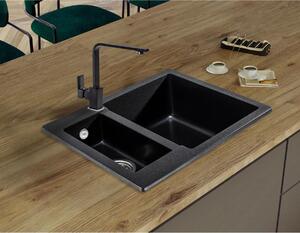 Sink Quality Ferrum, kuchyňský granitový dřez 605x495x210 mm + černý sifon, černá skvrnitá-BROCADE, SKQ-FER.B.5KBO.XB