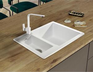 Sink Quality Ferrum, kuchyňský granitový dřez 605x495x210 mm + černý sifon, bílá, SKQ-FER.W.5KBO.XB