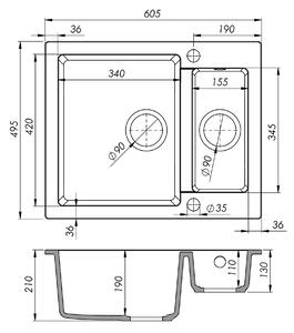 Sink Quality Ferrum, kuchyňský granitový dřez 605x495x210 mm + sifon, černá, SKQ-FER.C.5KBO.X
