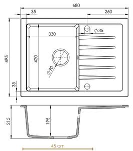 Sink Quality Titanite, kuchyňský granitový dřez 680x495x215 mm + sifon, bílá, SKQ-TIT.W.1KKO.X