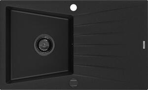 MEXEN/S - Cesar granitový dřez 1-miska s odkapávačem 775 x 470 mm, černý, černý sifon 6514771010-77-B