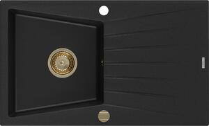 MEXEN/S - Cesar granitový dřez 1-miska s odkapávačem 775 x 470 mm, černý, zlatý sifon 6514771010-77-G