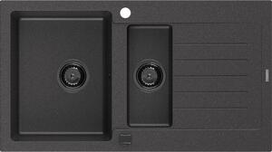MEXEN/S - Matias s granitový dřez 1.5 s odkapávačem 900 x 505 mm, černá kropenatá, + černý sifon 6502901505-76-B