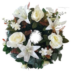 Smuteční věnec kruh s umělými růžemi, liliemi a doplňky Ø 50cm krémový, hnědý, zelený