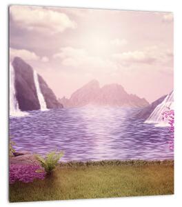 Obraz růžových stromů s jezerem (30x30 cm)