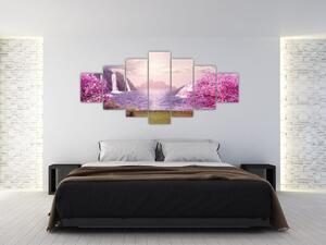 Obraz růžových stromů s jezerem (210x100 cm)