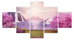 Obraz růžových stromů s jezerem (125x70 cm)
