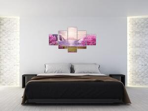 Obraz růžových stromů s jezerem (125x70 cm)