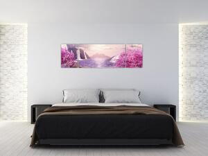 Obraz růžových stromů s jezerem (170x50 cm)
