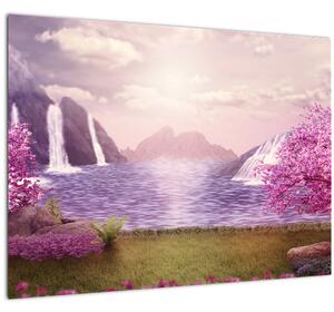 Obraz růžových stromů s jezerem (70x50 cm)