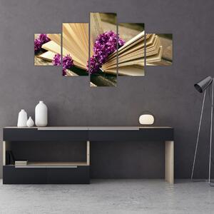 Obbraz knihy a fialové květiny (125x70 cm)