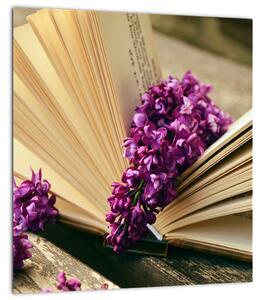 Obbraz knihy a fialové květiny (30x30 cm)