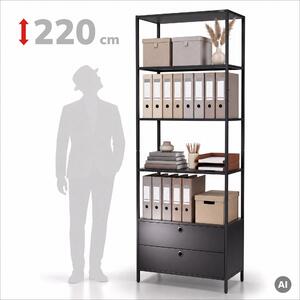 Regál se zásuvkami do kanceláře, na pořadače a dokumenty, otevřené police, kovový, černý, 800x2200x400 mm: ARIEL