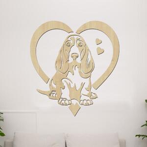 Dřevěná samolepka Basset Hound v srdci | Rozměry (cm): 37x40 | Zvolte barvu dekoru: Javor