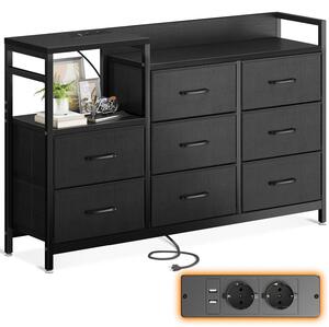 Komoda s 8 zásuvkami potaženými látkou, 2 USB porty a 2 zásuvkami na napájení, černá barva, rozměry 132 x 30 x 88 cm