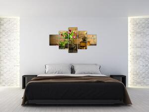Obraz - tulipány, mlýnek a káva (125x70 cm)
