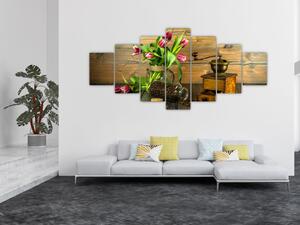 Obraz - tulipány, mlýnek a káva (210x100 cm)