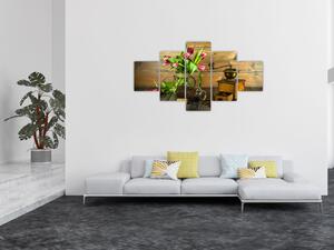 Obraz - tulipány, mlýnek a káva (125x70 cm)